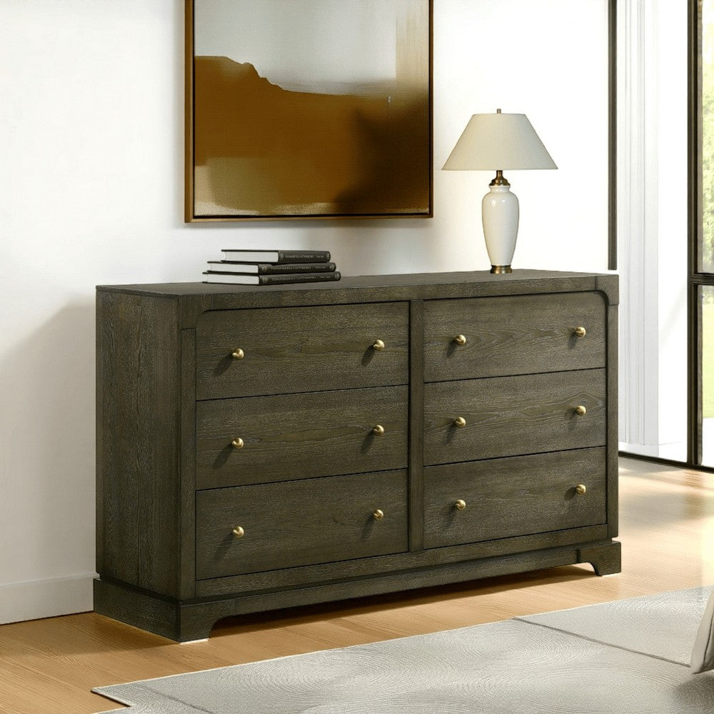 Seon Wide Dresser, 6 Drawers with Brass Knobs, Dark Cocoa Brown Wood