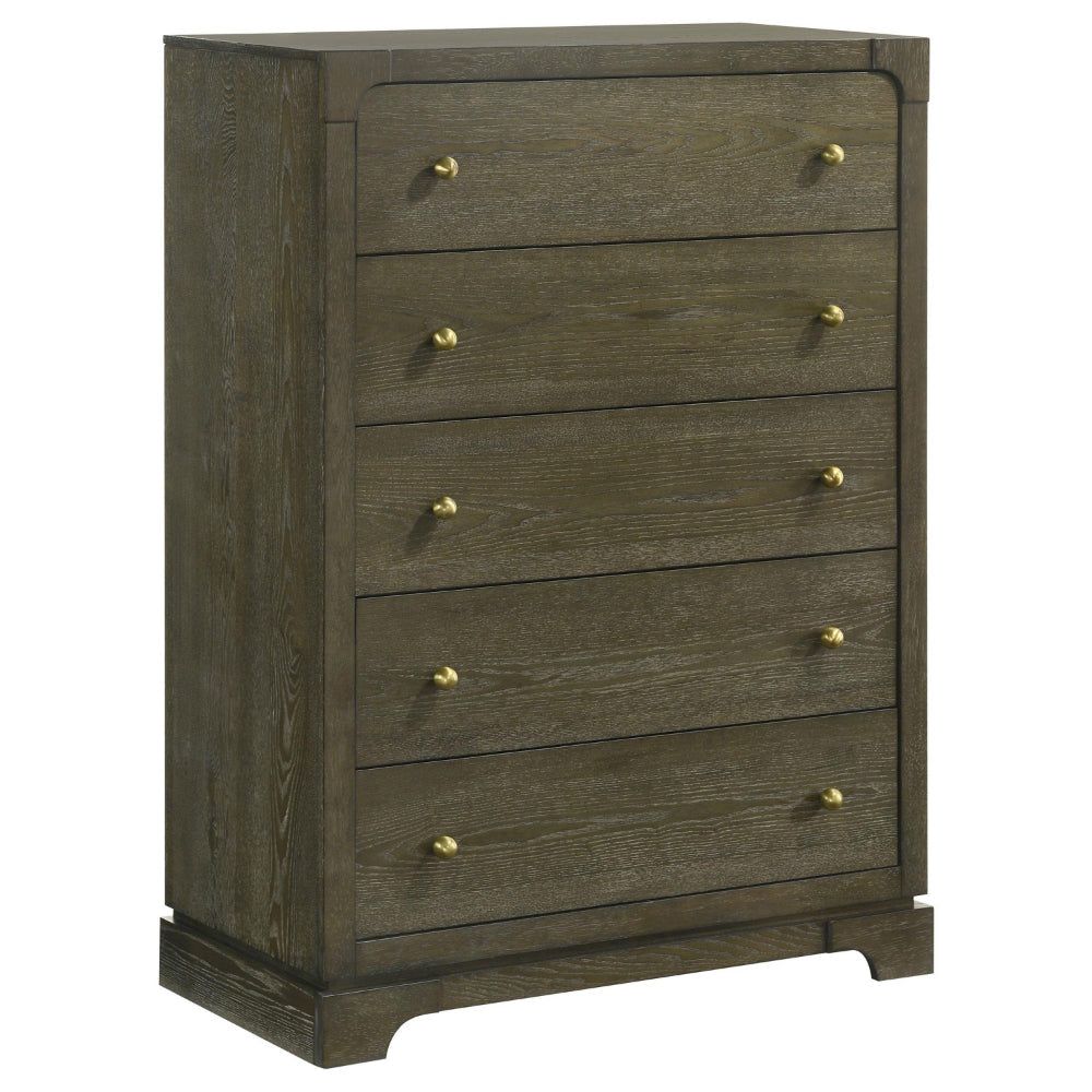 Seon Tall Dresser Chest, 5 Drawers with Brass Knobs, Dark Cocoa Brown