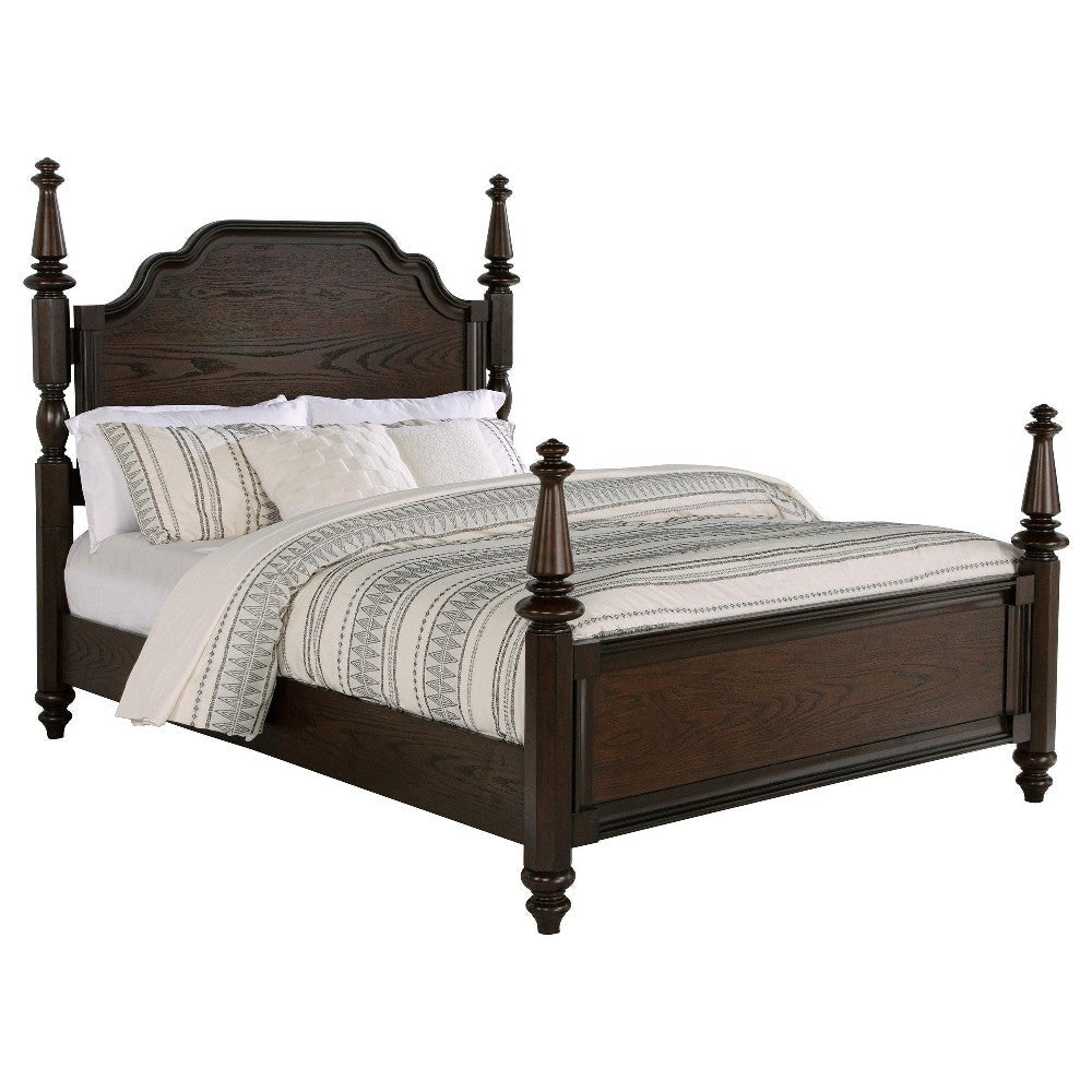 Meon Queen Poster Bed Carved Headboard Dark Oak Brown Wood