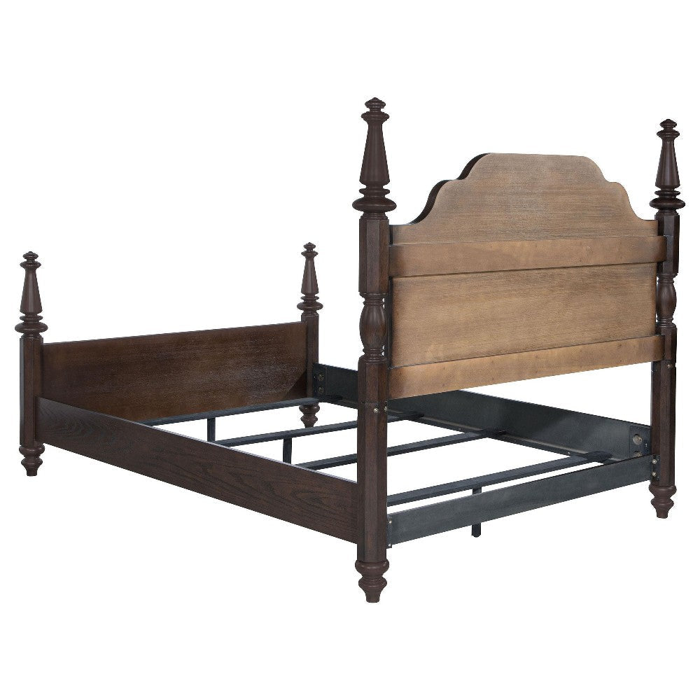 Meon Queen Poster Bed Carved Headboard Dark Oak Brown Wood