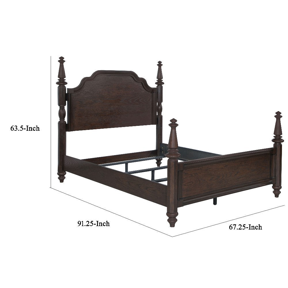 Meon Queen Poster Bed Carved Headboard Dark Oak Brown Wood