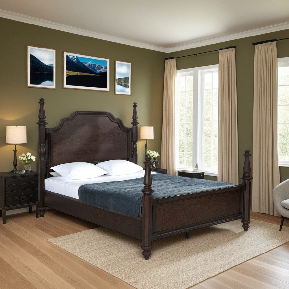 Meon Queen Poster Bed, Carved Headboard, Dark Oak Brown Wood