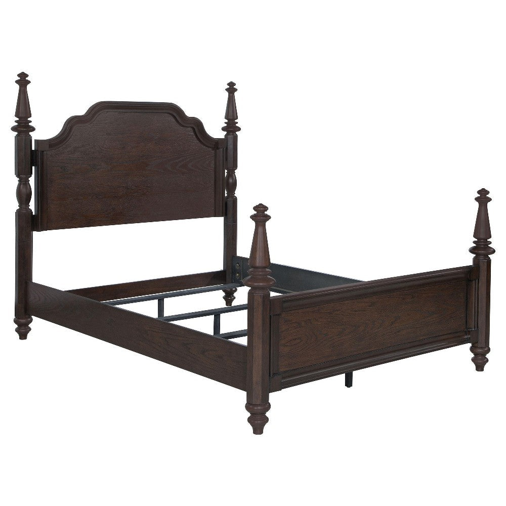 Meon King Poster Bed Carved Headboard Dark Oak Brown Wood
