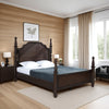 Meon California King Poster Bed, Carved Headboard, Dark Oak Brown Wood