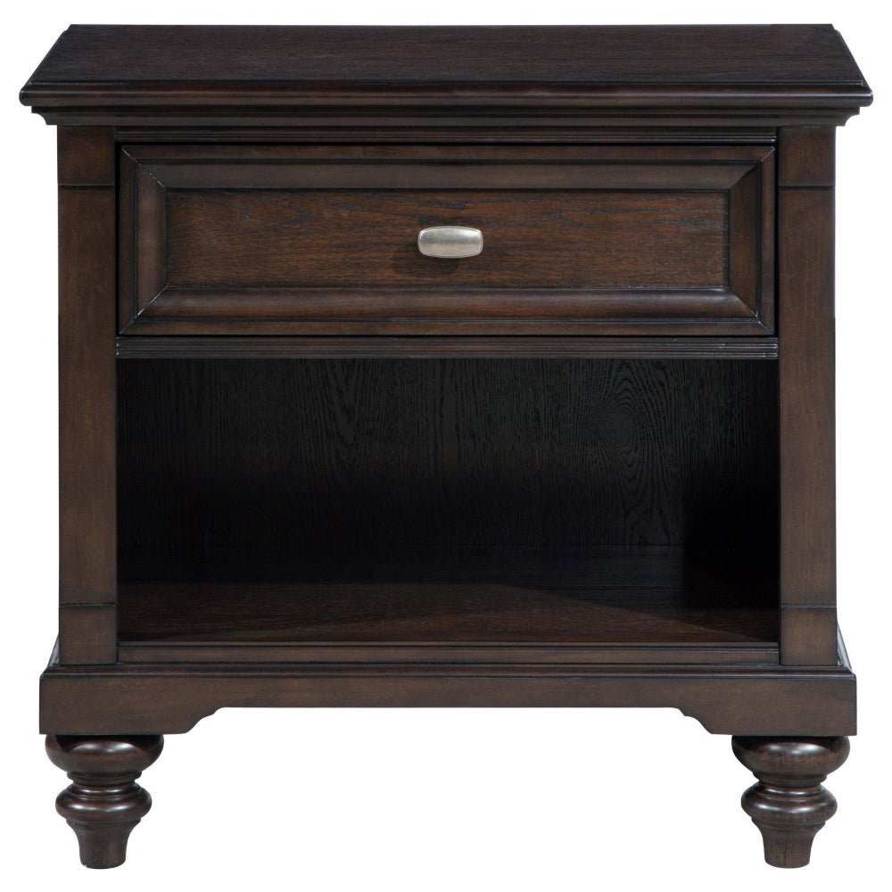 Meon Nightstand w Drawer and Open Cubby Shelf Dark Oak Brown Wood BM328604