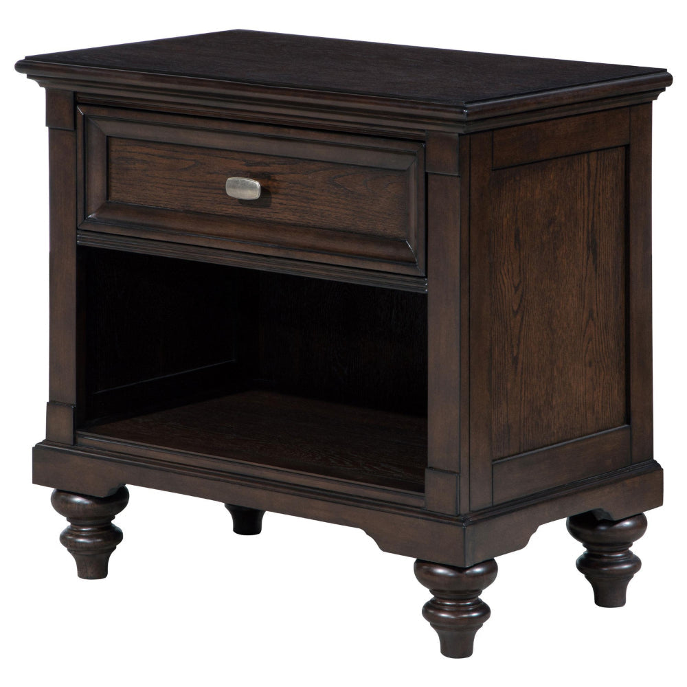Meon Nightstand w Drawer and Open Cubby Shelf Dark Oak Brown Wood BM328604