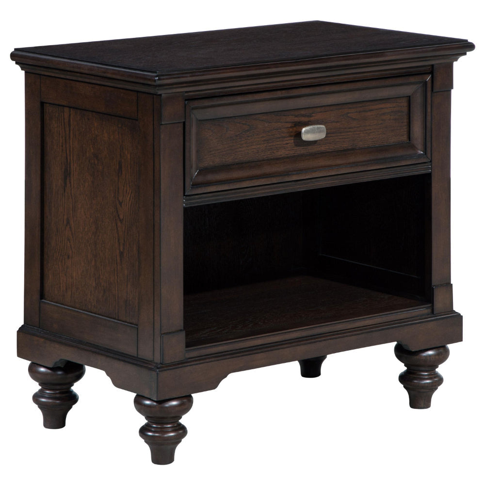 Meon Nightstand w Drawer and Open Cubby Shelf, Dark Oak Brown Wood
