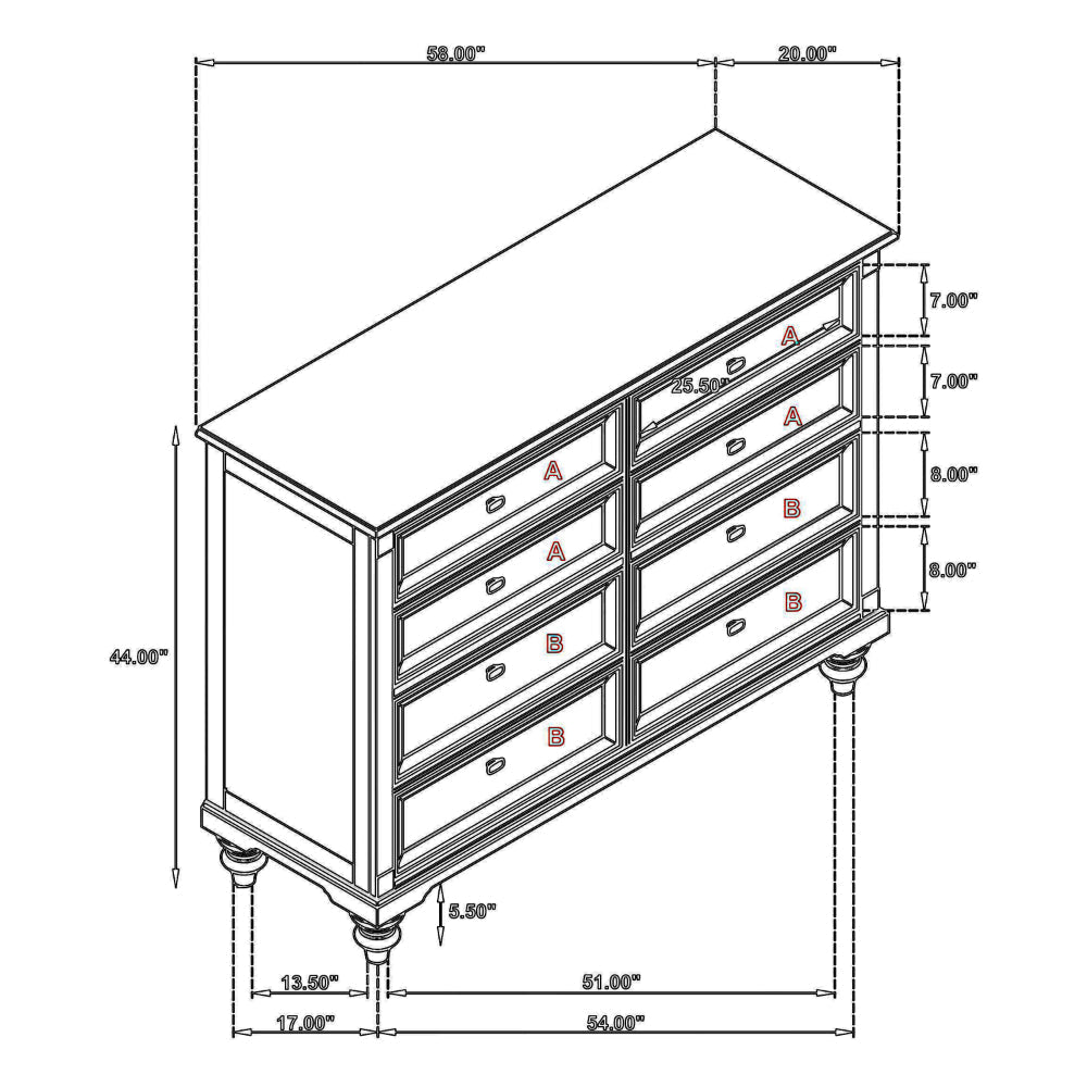 Meon Wide Dresser w 8 Drawers Carved Bun Feet Dark Oak Brown Wood BM328605