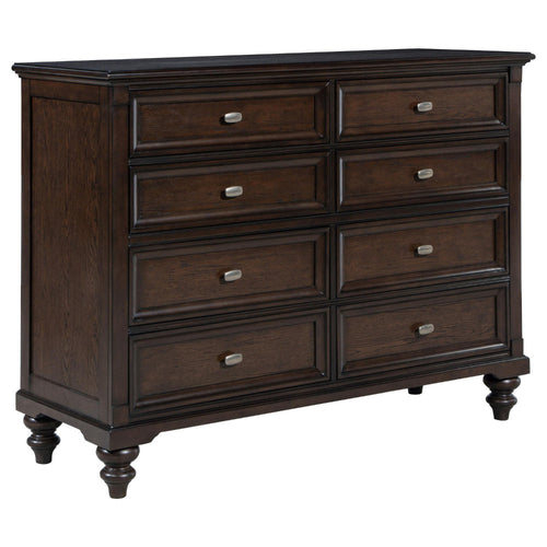 Meon Wide Dresser w 8 Drawers, Carved Bun Feet, Dark Oak Brown Wood