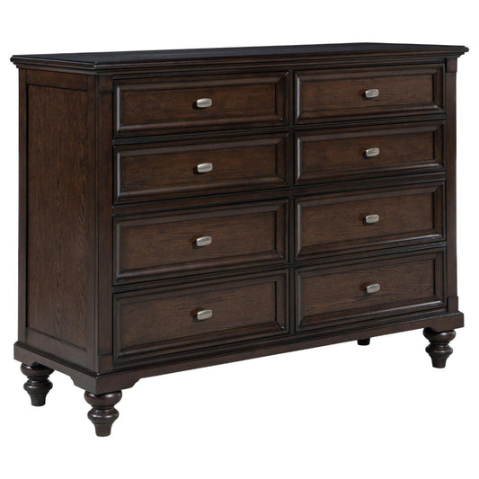 Meon Wide Dresser w 8 Drawers, Carved Bun Feet, Dark Oak Brown Wood