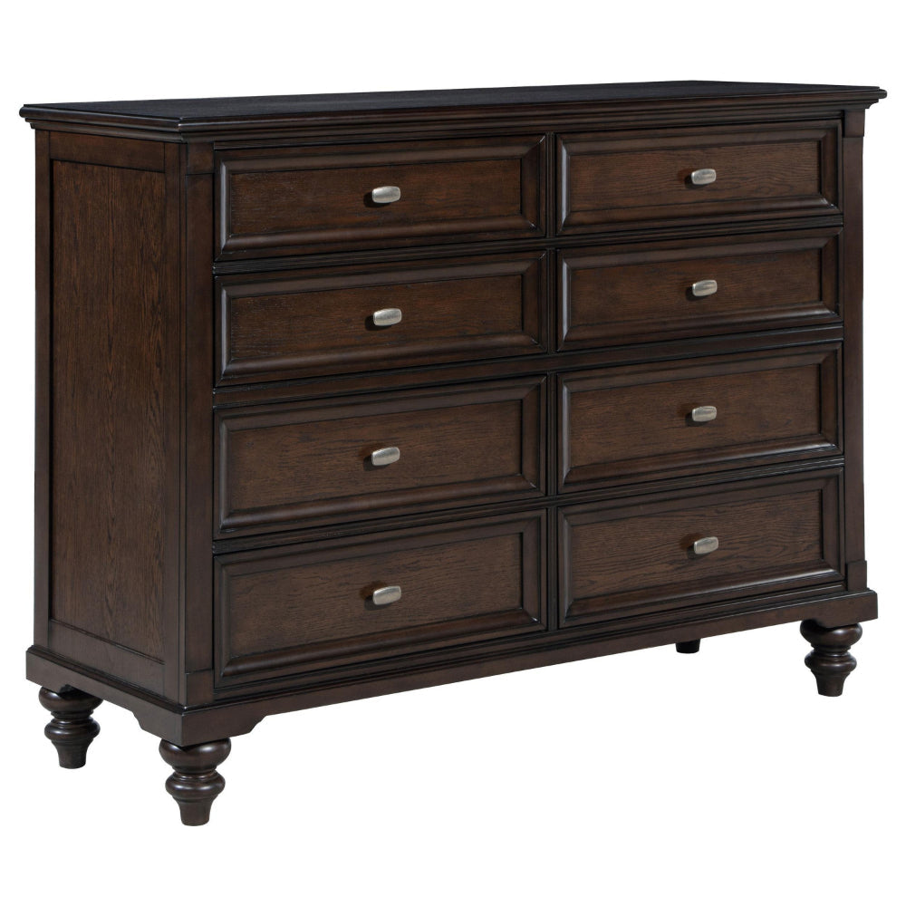 Meon Wide Dresser w 8 Drawers, Carved Bun Feet, Dark Oak Brown Wood