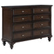 Meon Wide Dresser w 8 Drawers, Carved Bun Feet, Dark Oak Brown Wood