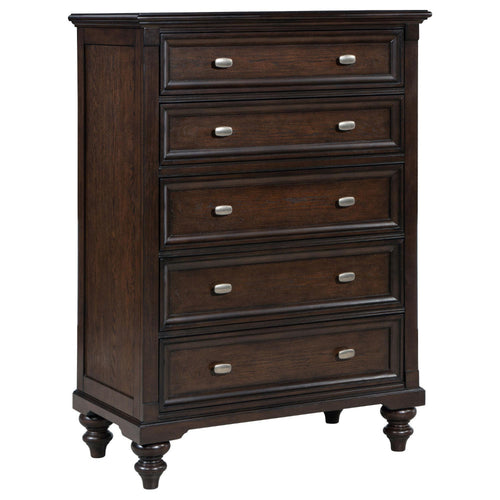 Meon Tall Dresser Chest w 5 Drawers, Carved Bun Feet, Dark Oak Brown