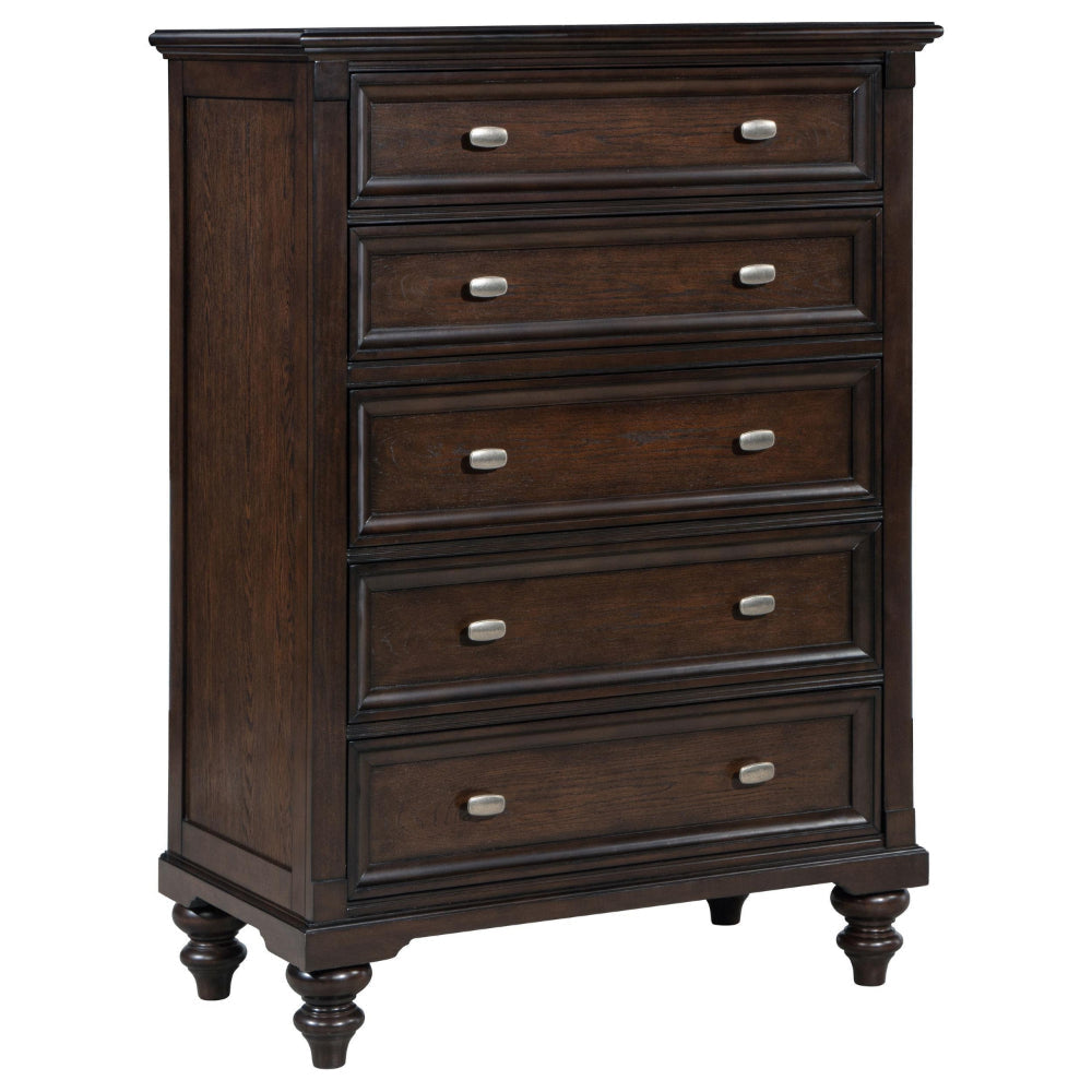 Meon Tall Dresser Chest w 5 Drawers, Carved Bun Feet, Dark Oak Brown