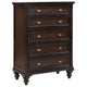 Meon Tall Dresser Chest w 5 Drawers, Carved Bun Feet, Dark Oak Brown