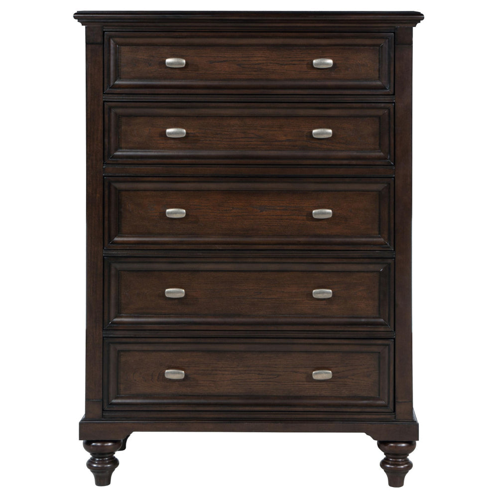 Meon Tall Dresser Chest w 5 Drawers Carved Bun Feet Dark Oak Brown BM328606