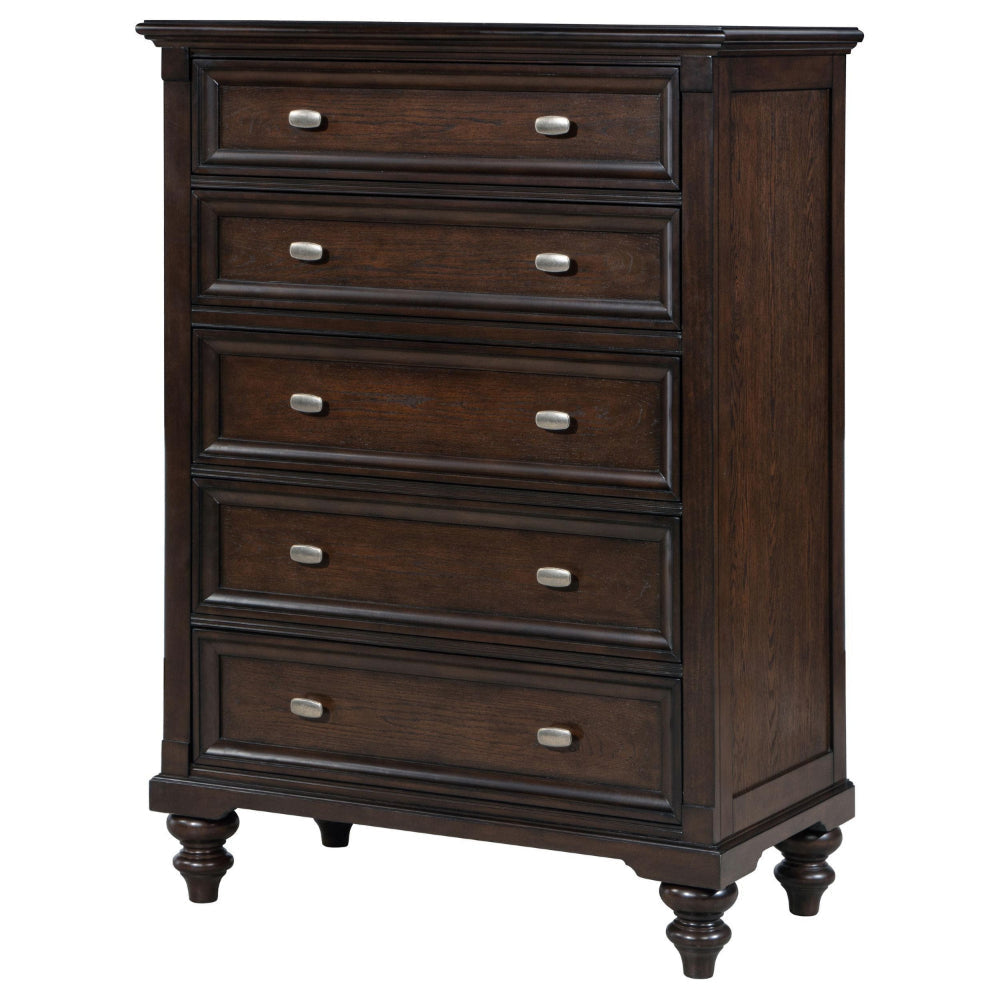 Meon Tall Dresser Chest w 5 Drawers Carved Bun Feet Dark Oak Brown BM328606