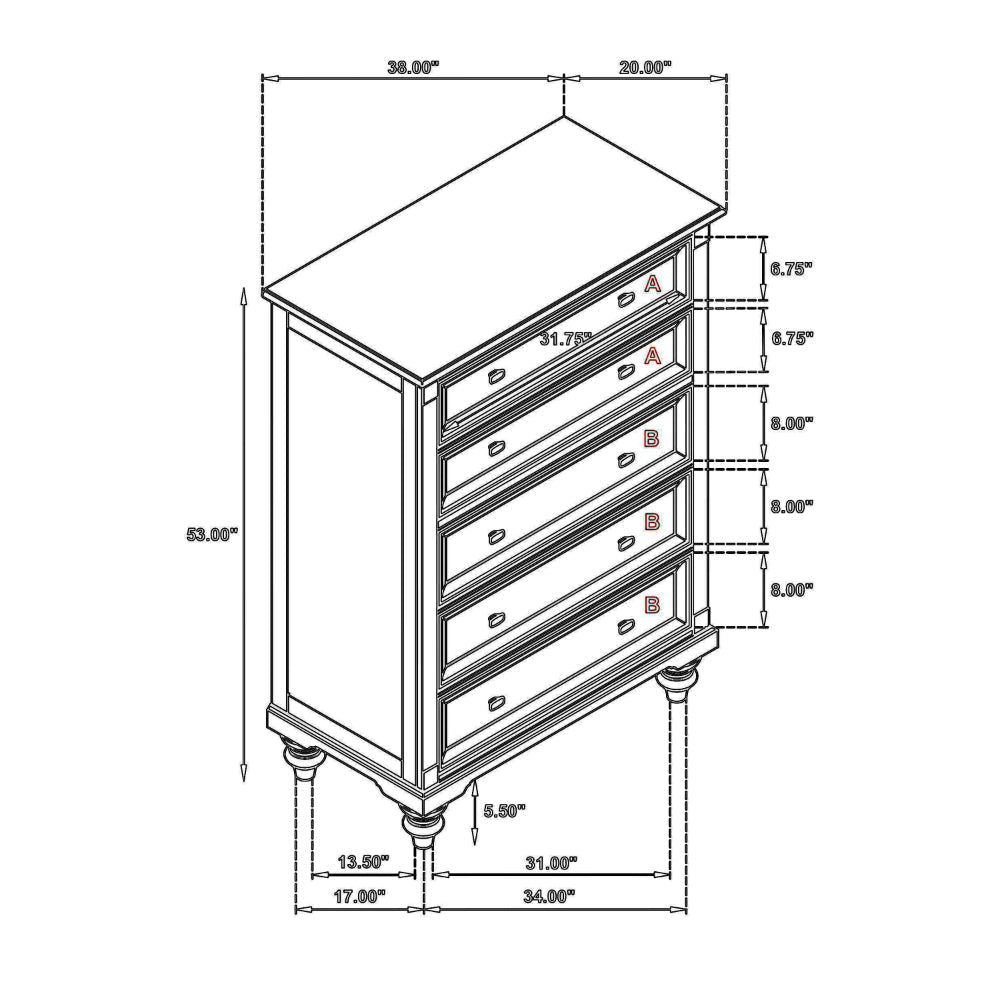 Meon Tall Dresser Chest w 5 Drawers Carved Bun Feet Dark Oak Brown BM328606