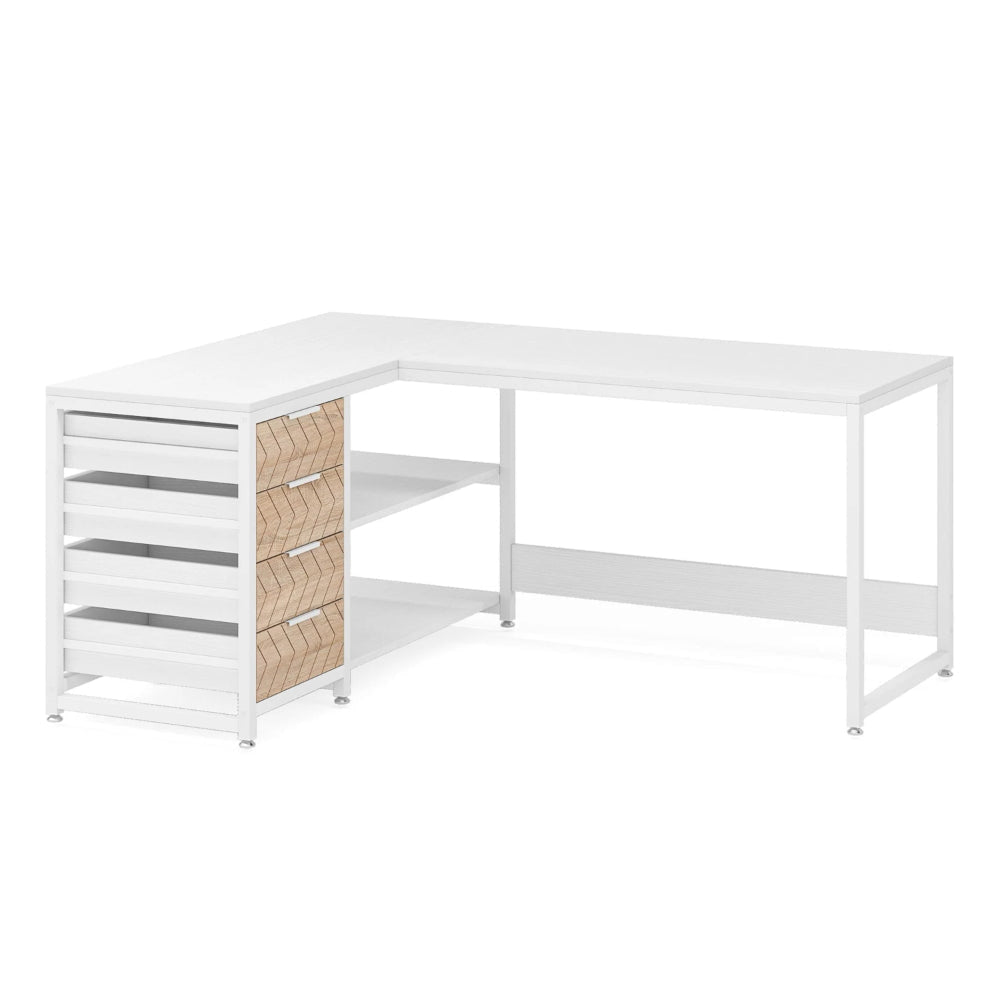 L Shaped Computer Office Desk 3 Drawer 2 White Metal Shelves 59 Inch BM328608