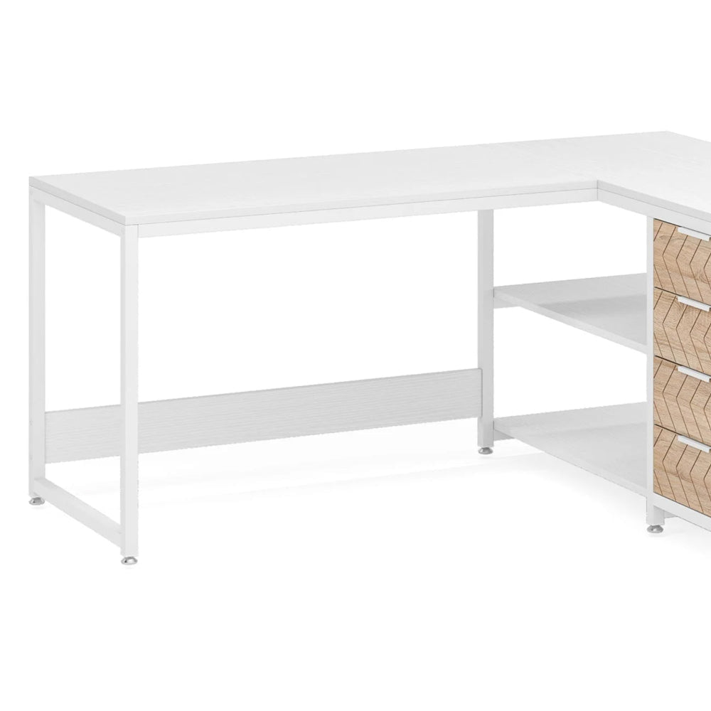 L Shaped Computer Office Desk 3 Drawer 2 White Metal Shelves 59 Inch BM328608
