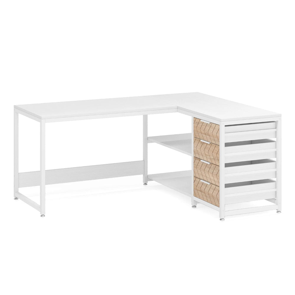 L Shaped Computer Office Desk, 3 Drawer, 2 White Metal Shelves 59 Inch