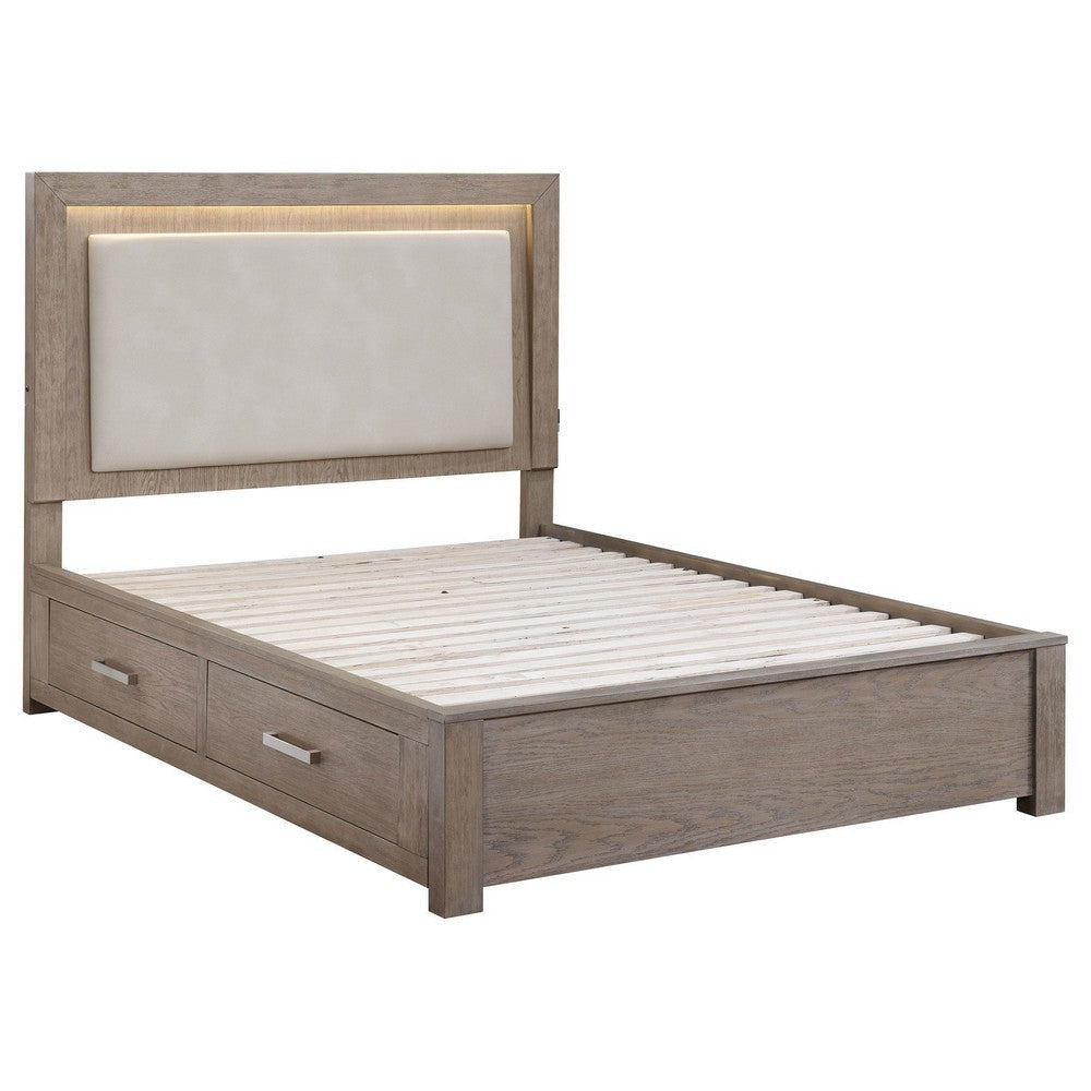 Keno Queen Bed, Upholstered LED Headboard, 4 Storage Drawers, Brown
