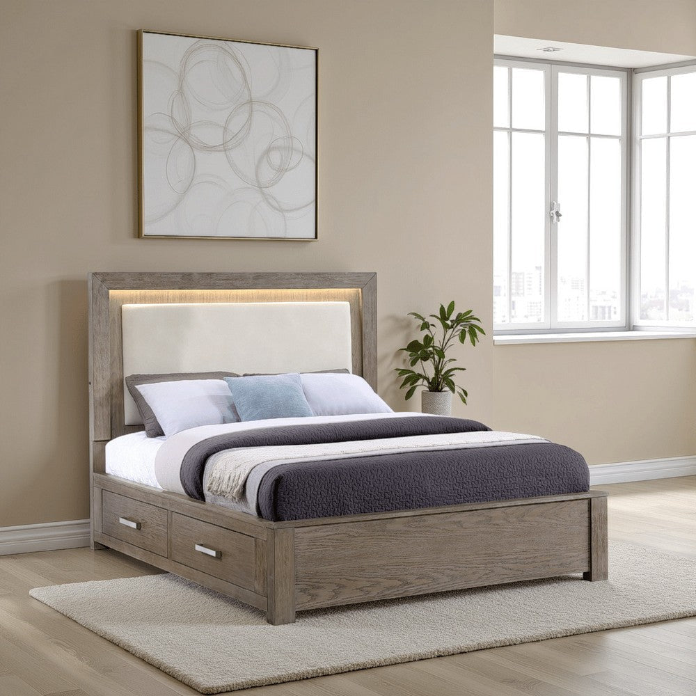 Keno Queen Bed, Upholstered LED Headboard, 4 Storage Drawers, Brown