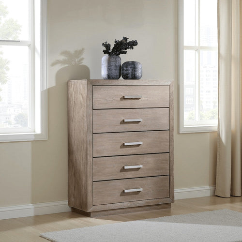 Keno Tall Dresser Chest, 5 Drawers, Bar Handles, Brown Acacia Wood