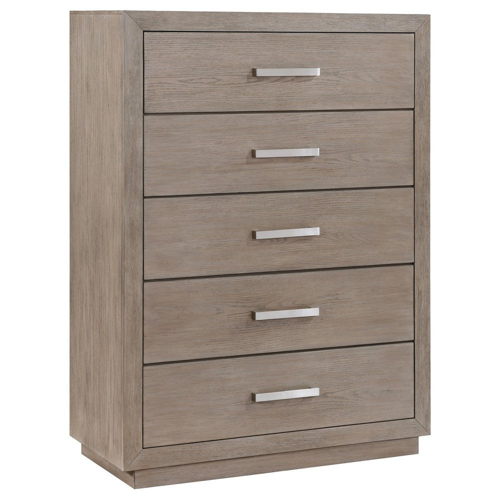 Keno Tall Dresser Chest, 5 Drawers, Bar Handles, Brown Acacia Wood