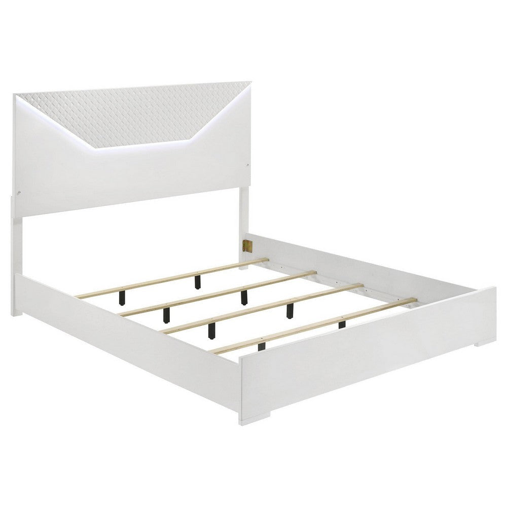 Ivon Queen Bed, 3D Embossed LED Headboard, Glossy White Solid Wood