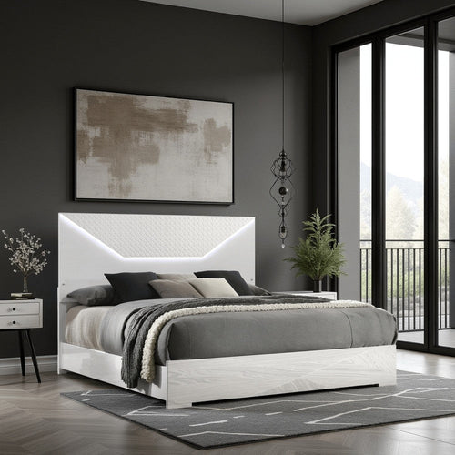Ivon Queen Bed, 3D Embossed LED Headboard, Glossy White Solid Wood