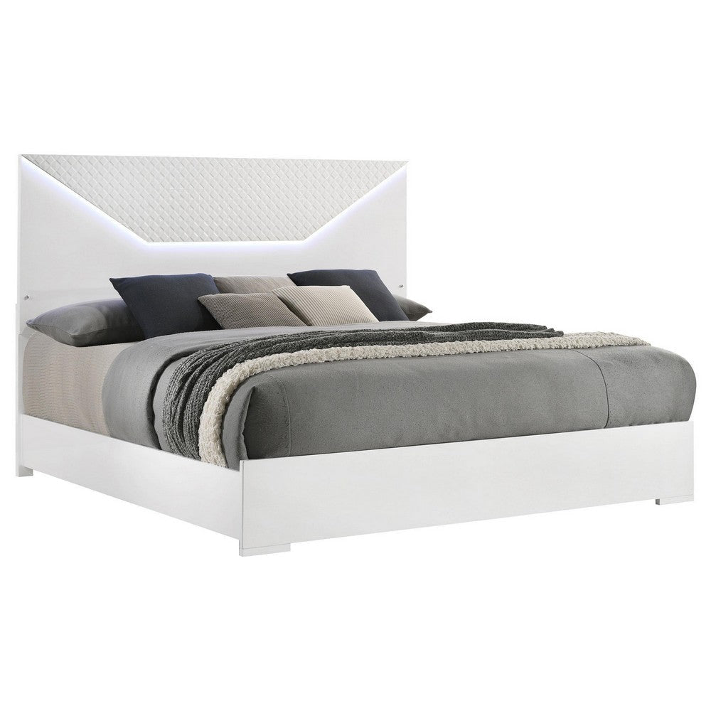 Ivon King Bed 3D Embossed LED Headboard Glossy White Solid Wood