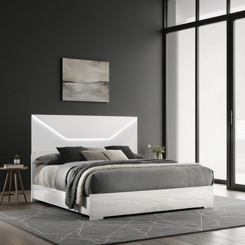Ivon King Bed, 3D Embossed LED Headboard, Glossy White Solid Wood