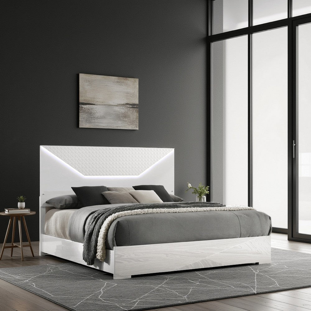 Ivon King Bed, 3D Embossed LED Headboard, Glossy White Solid Wood
