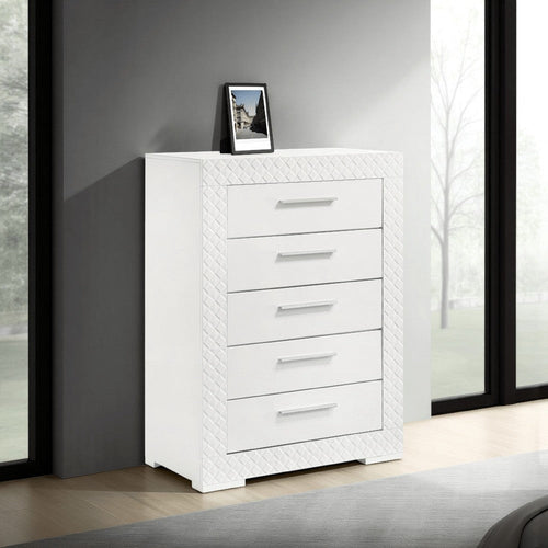 Ivon Tall Dresser Chest, 5 Drawers, Modern Glossy White Solid Hardwood