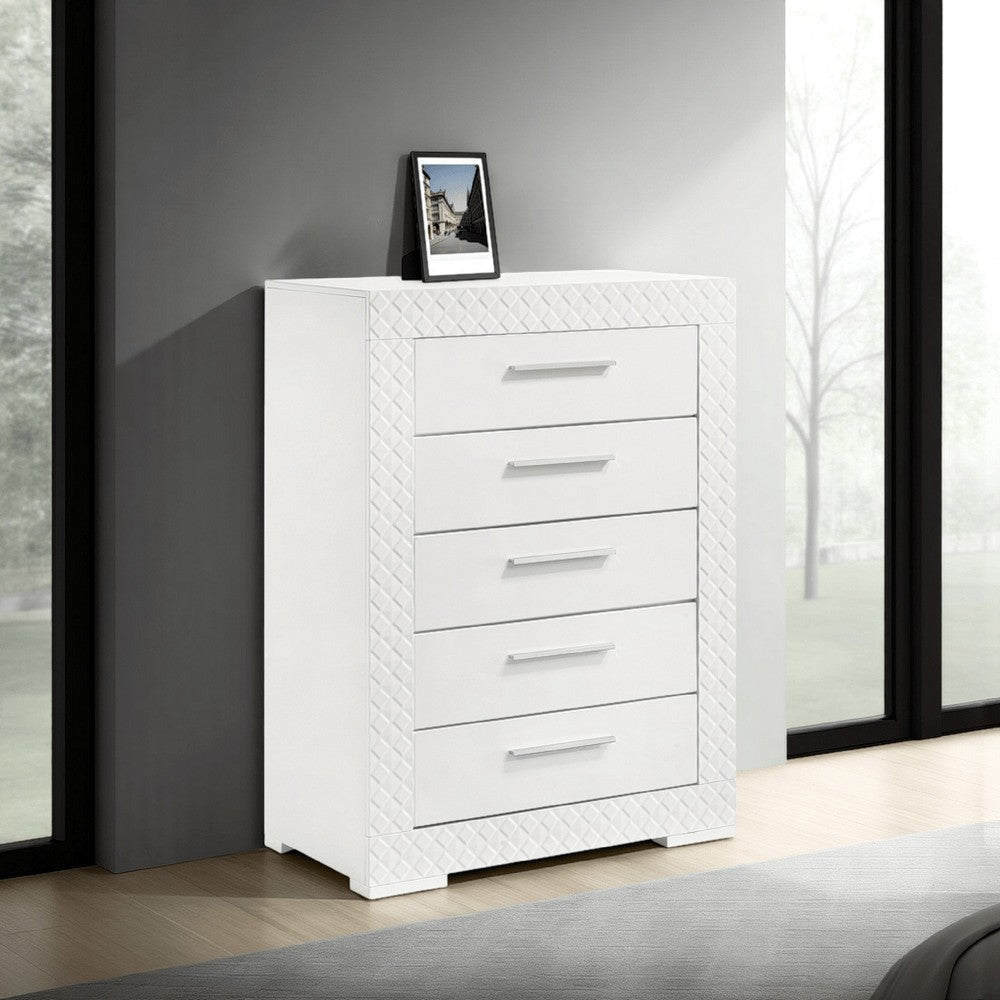 Ivon Tall Dresser Chest, 5 Drawers, Modern Glossy White Solid Hardwood