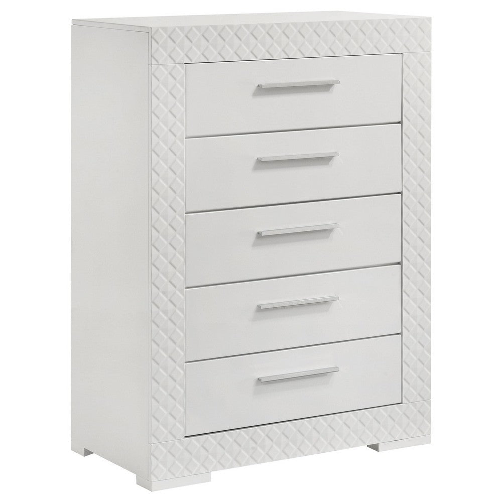 Ivon Tall Dresser Chest, 5 Drawers, Modern Glossy White Solid Hardwood
