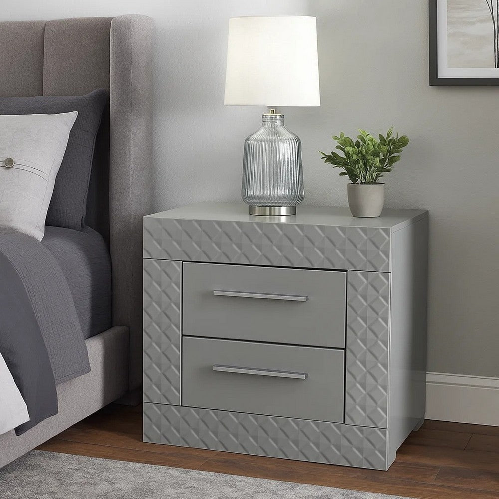 Ivon Nightstand, 2 Storage Drawers, 26 Inch Glossy Gray Hardwood