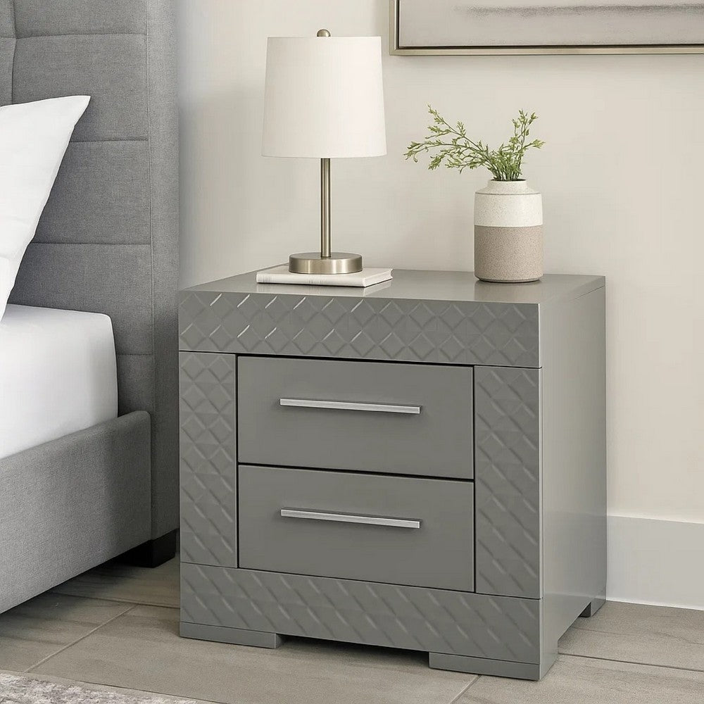 Ivon Nightstand, 2 Storage Drawers, 26 Inch Glossy Gray Hardwood