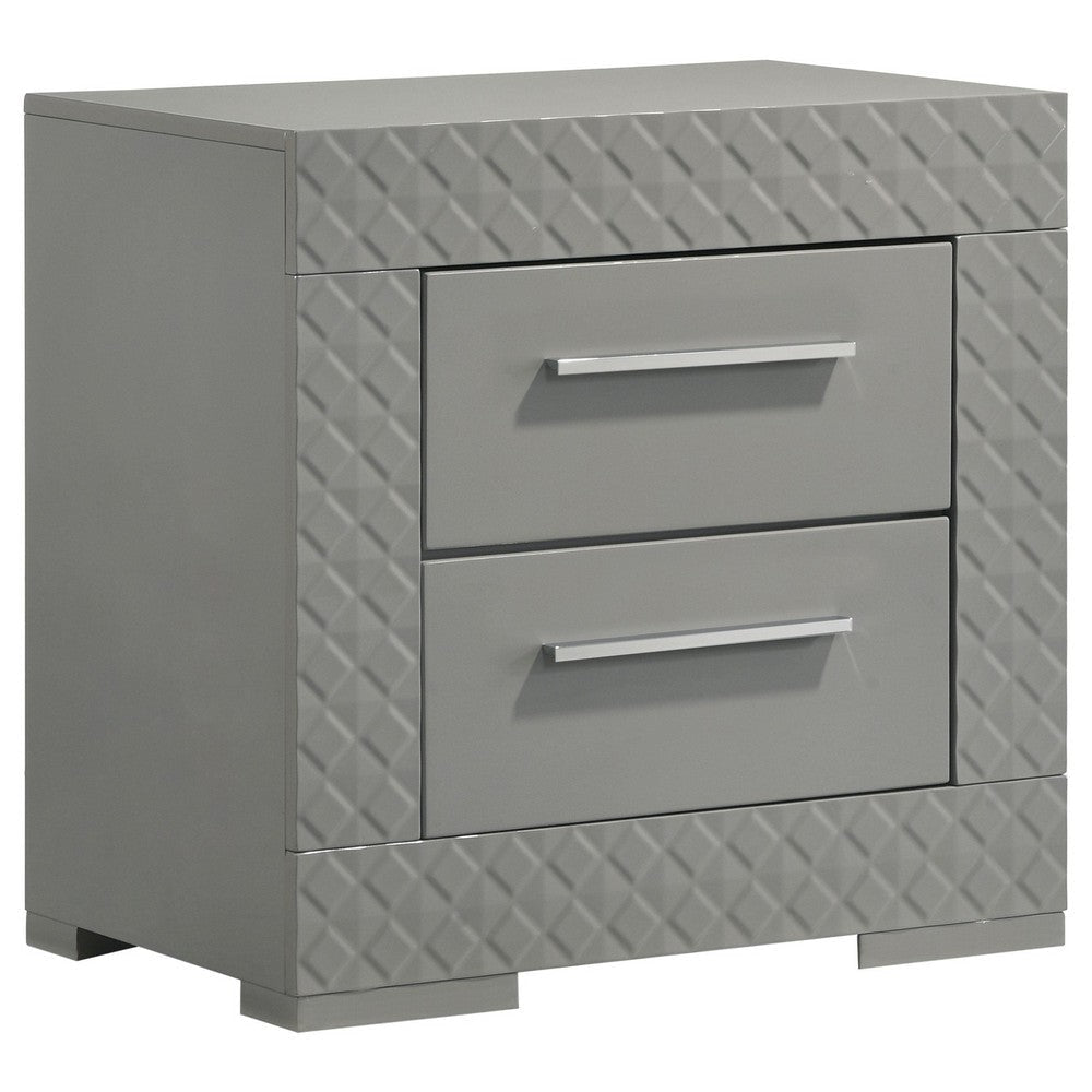 Ivon Nightstand, 2 Storage Drawers, 26 Inch Glossy Gray Hardwood
