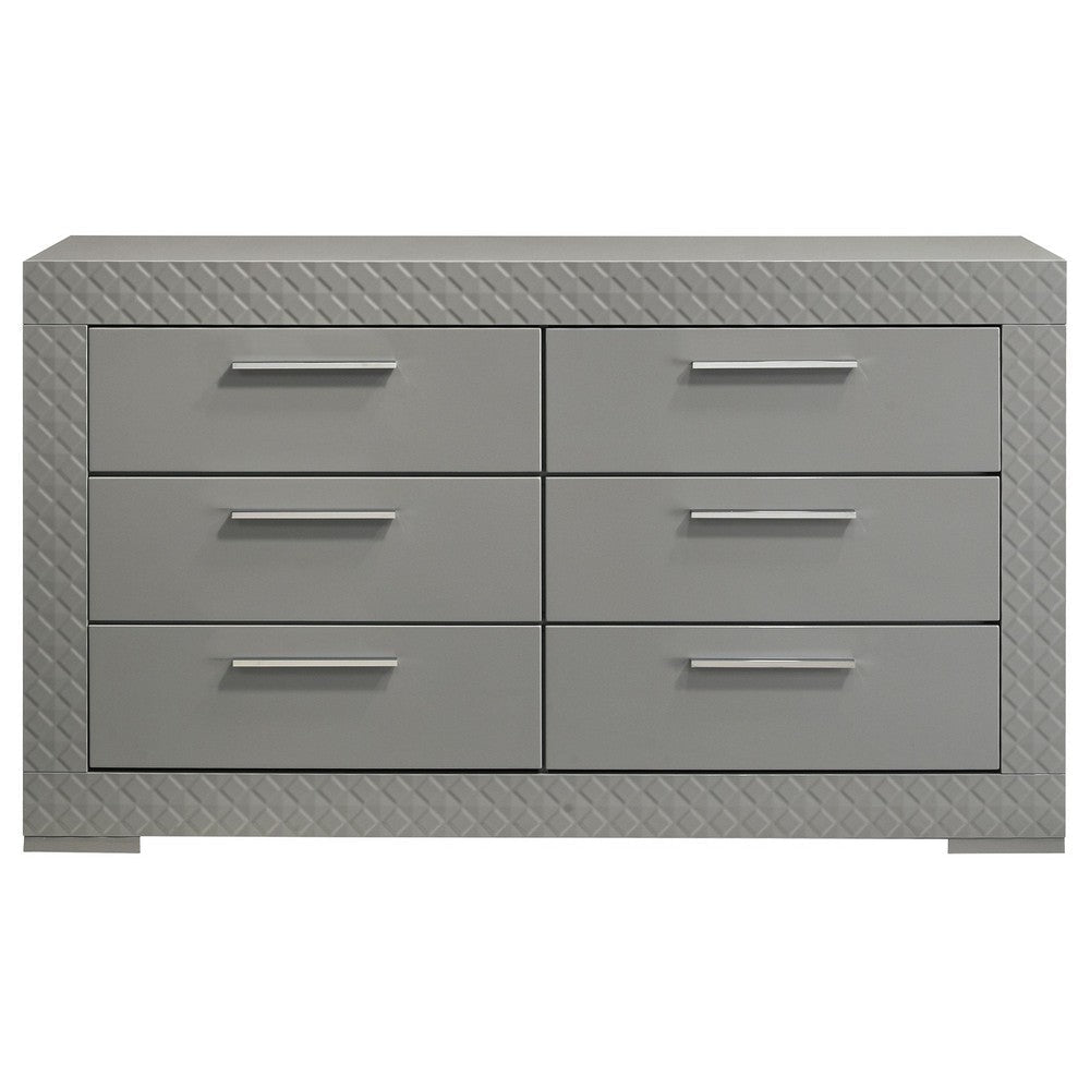 Ivon Wide Dresser 6 Drawers Bar Handles Glossy Gray Solid Hardwood BM328649