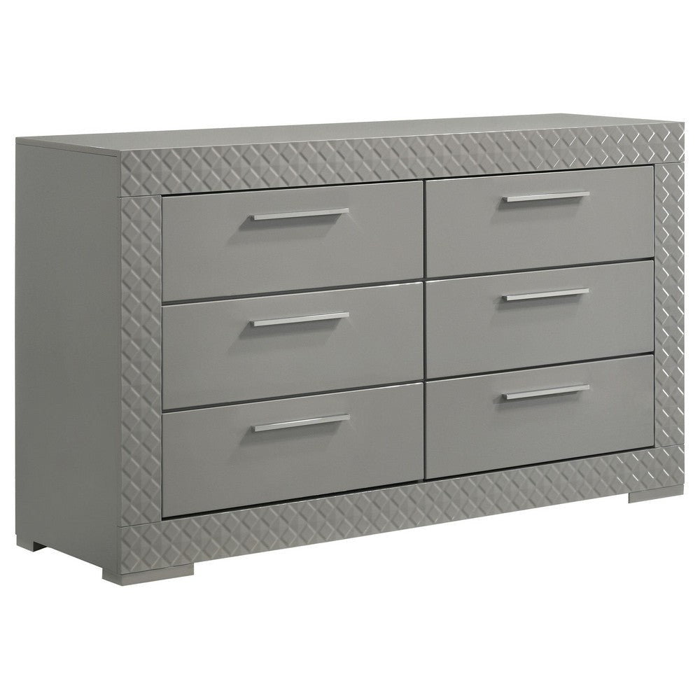 Ivon Wide Dresser, 6 Drawers, Bar Handles, Glossy Gray Solid Hardwood