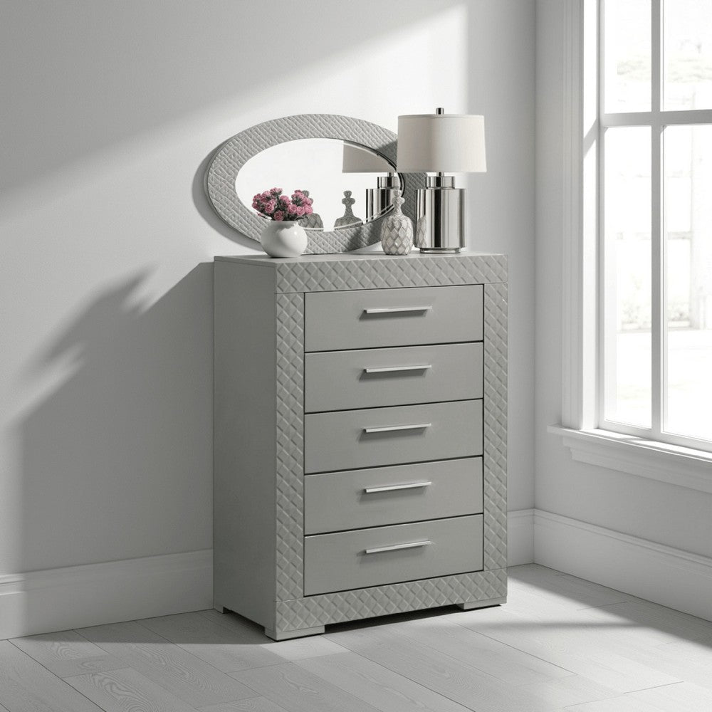 Ivon Tall Dresser Chest, 5 Drawers, Bar Handles, Gray Solid Hardwood