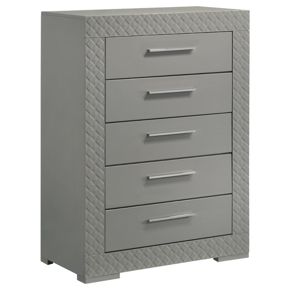 Ivon Tall Dresser Chest, 5 Drawers, Bar Handles, Gray Solid Hardwood