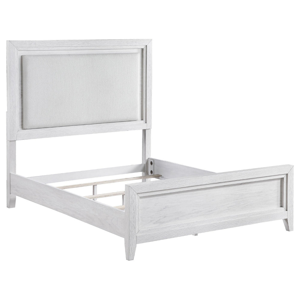 Leva Queen Bed, Upholstered LED Headboard, Modern White Acacia Wood