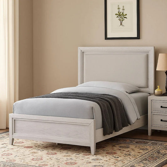 Leva Queen Bed, Upholstered LED Headboard, Modern White Acacia Wood