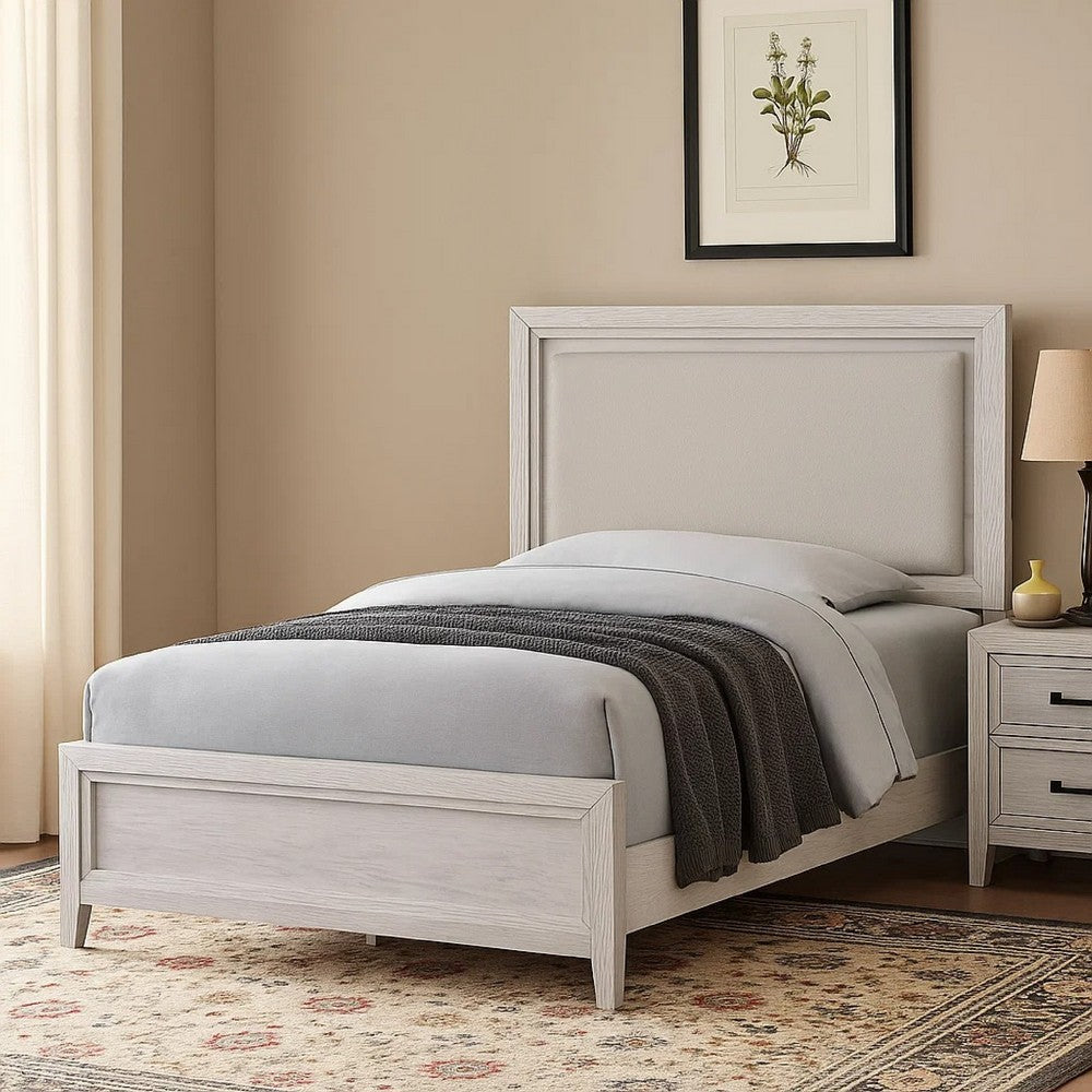 Leva Queen Bed, Upholstered LED Headboard, Modern White Acacia Wood