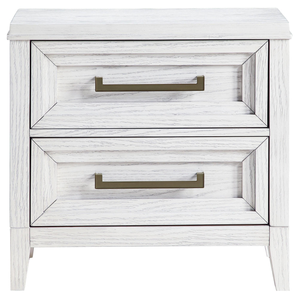 Leva Nightstand 28 Inch Distressed White Acacia Wood 2 Drawers BM328654