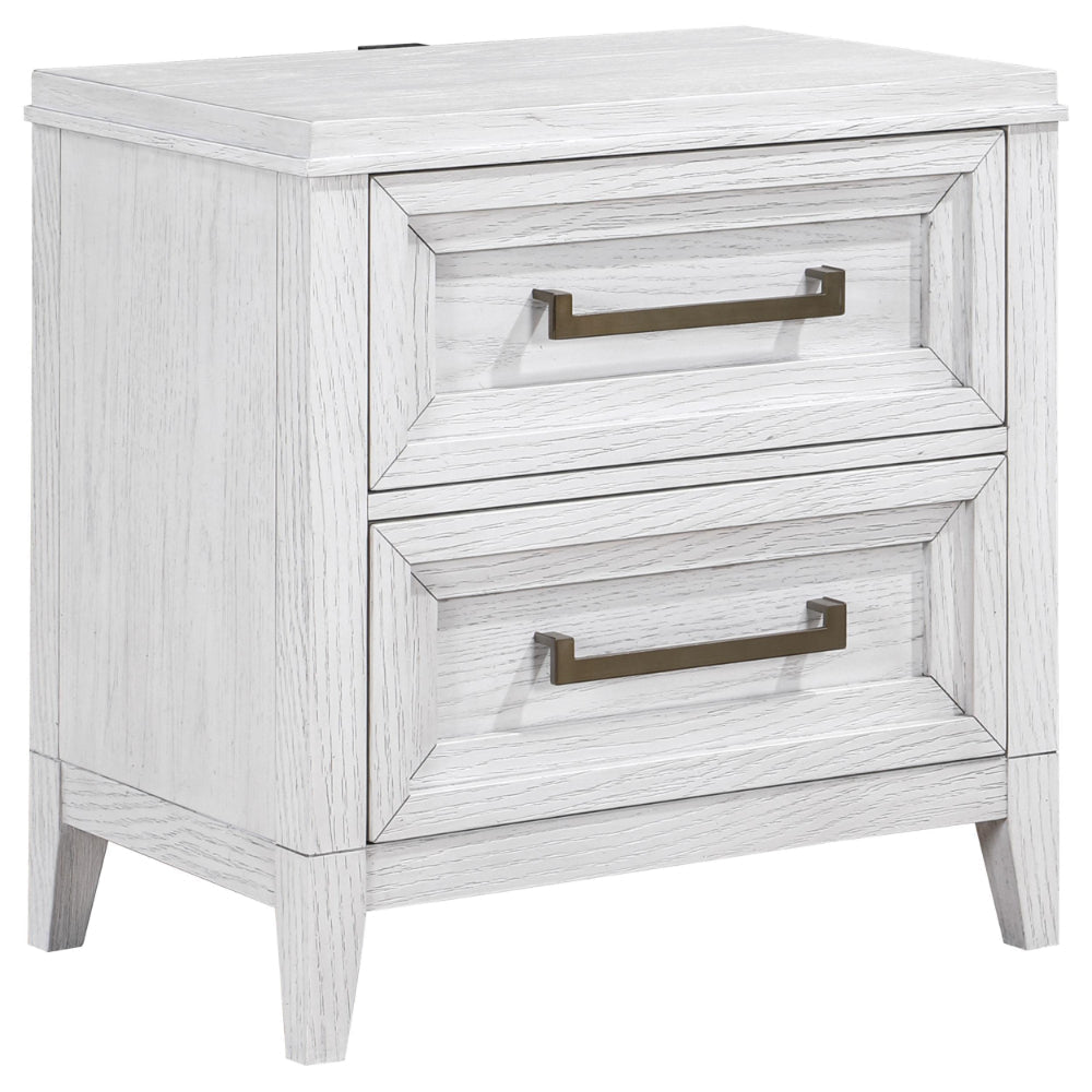 Leva Nightstand, 28 Inch, Distressed White Acacia Wood, 2 Drawers