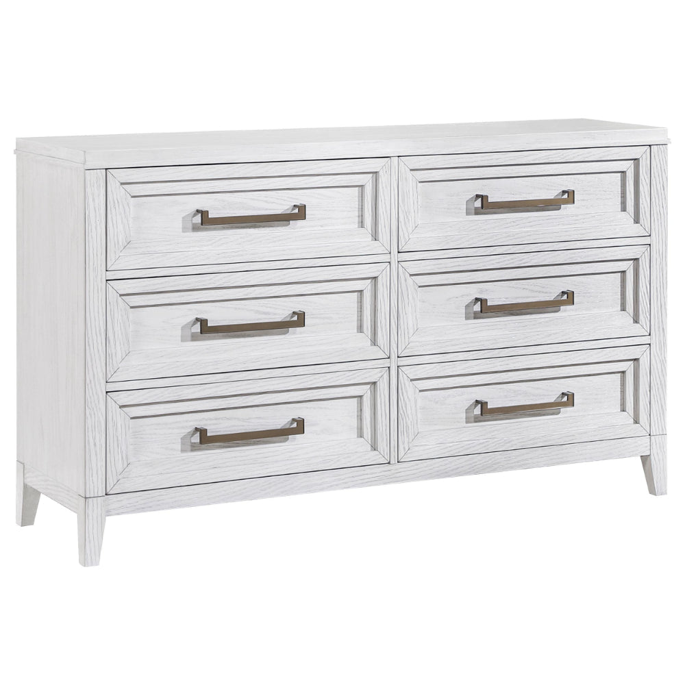Leva Wide Dresser, Classic Distressed White Acacia Wood, 6 Drawers